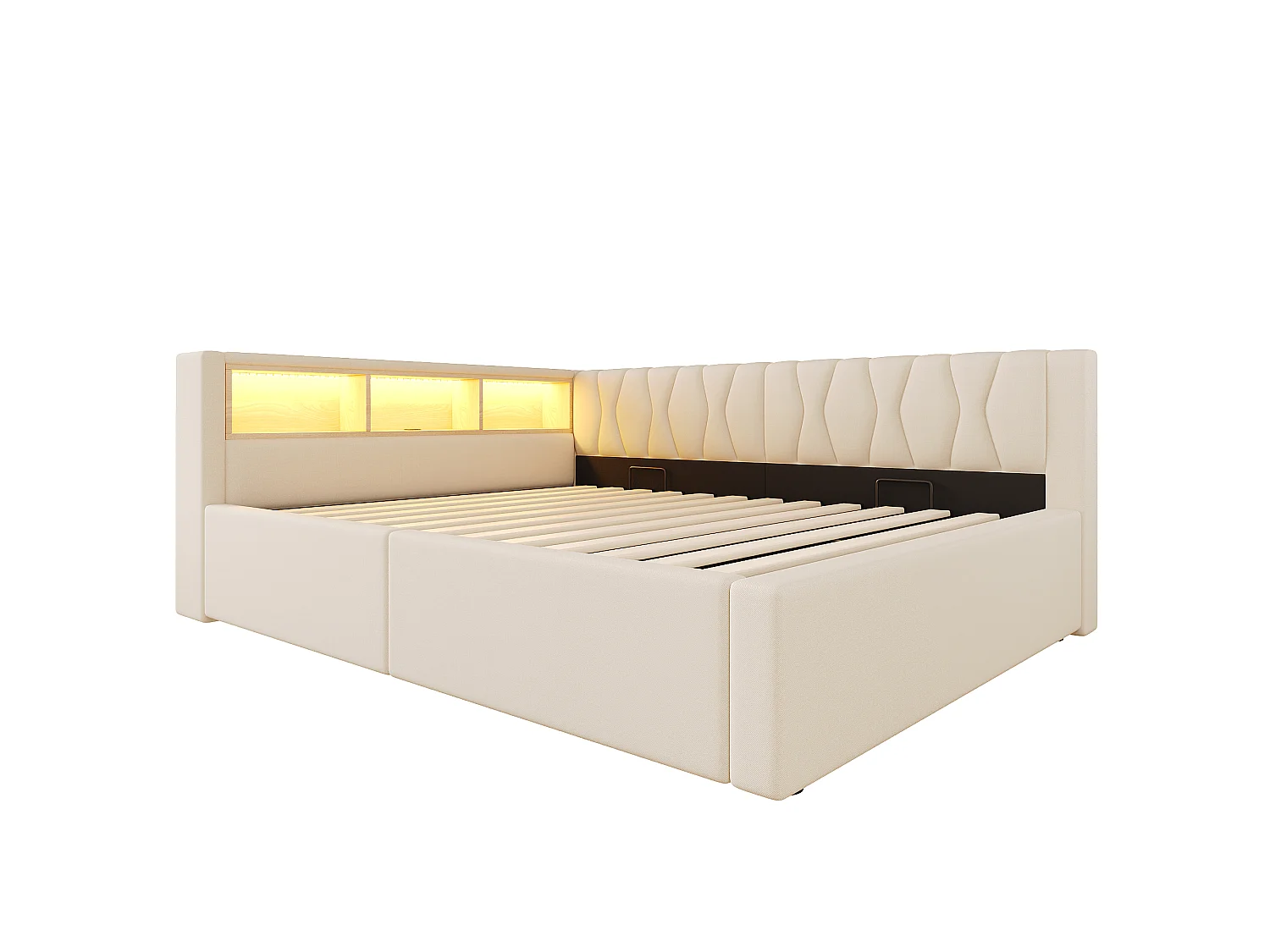 Schlafsofa mit Bettkasten 140x200cm - mit LED-Licht - mit Aufbewahrungsregal + USB-Anschluss - beige (Matratze nicht enthalten)