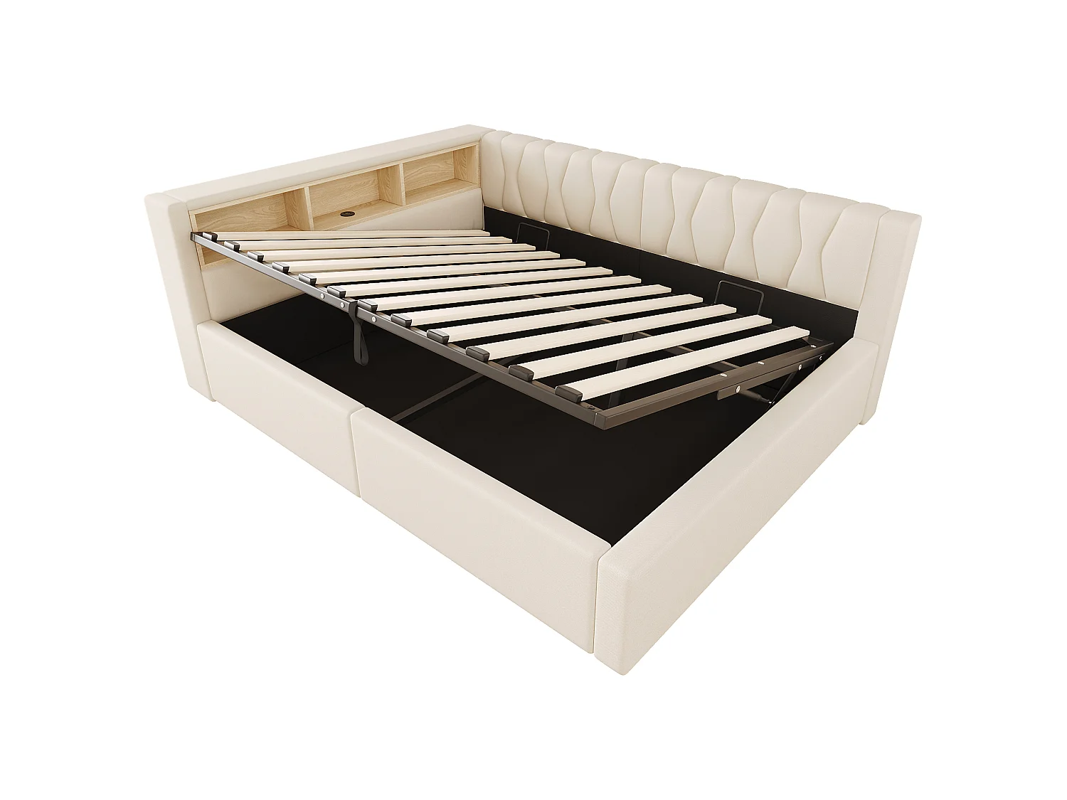 Schlafsofa mit Bettkasten 140x200cm - mit LED-Licht - mit Aufbewahrungsregal + USB-Anschluss - beige (Matratze nicht enthalten)