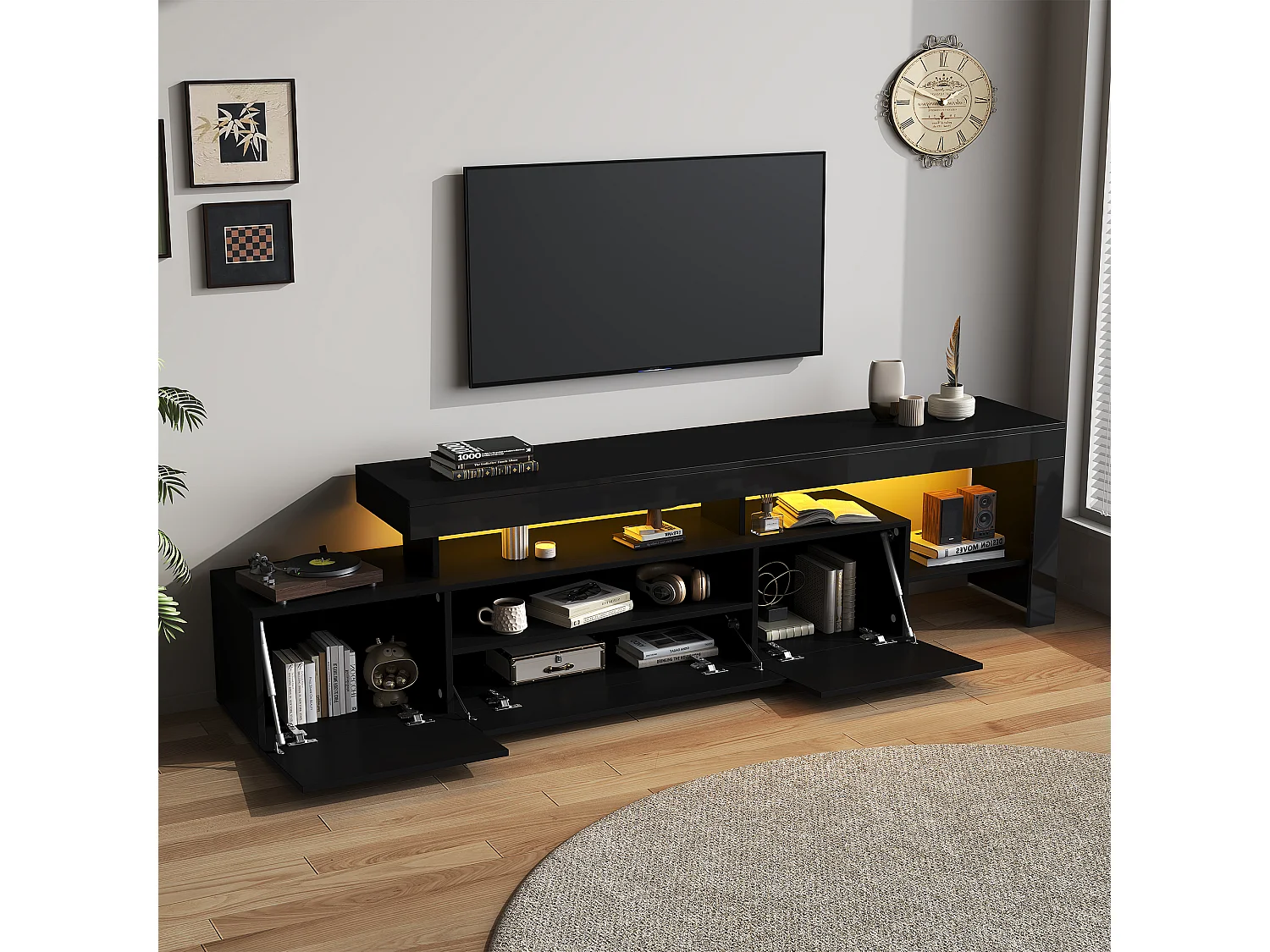 Meuble TV 192 x 37 x 53 cm - 3 portes abattantes - Avec LED - Rangement semi-ouvert - Finition brillante - Noir