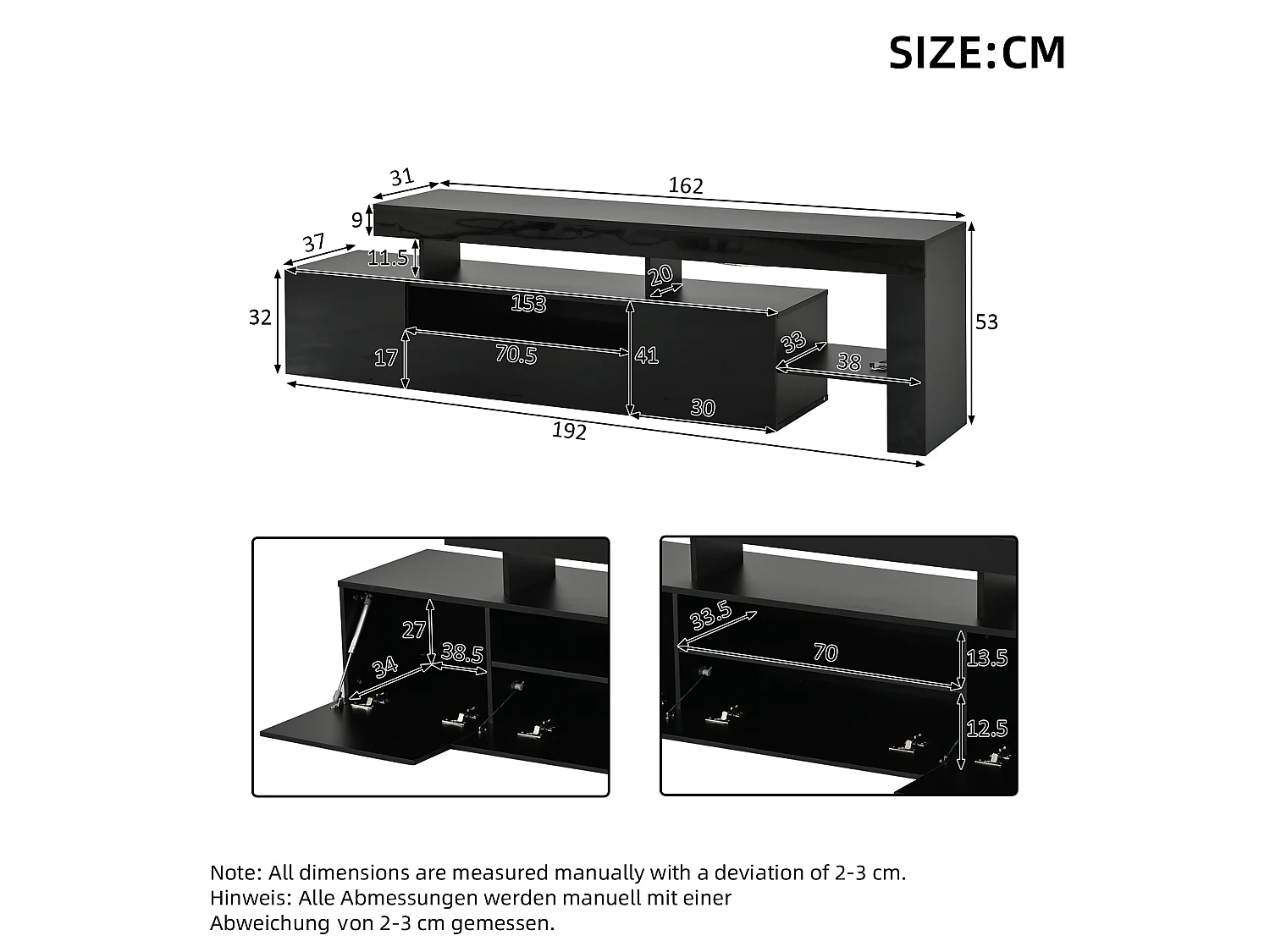 Meuble TV 192 x 37 x 53 cm - 3 portes abattantes - Avec LED - Rangement semi-ouvert - Finition brillante - Noir