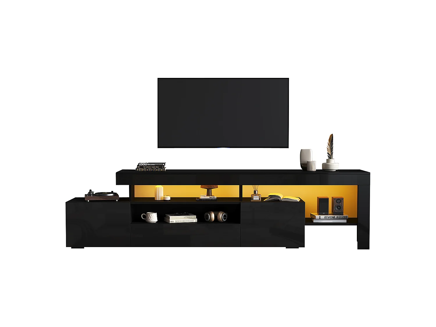 Meuble TV 192 x 37 x 53 cm - 3 portes abattantes - Avec LED - Rangement semi-ouvert - Finition brillante - Noir
