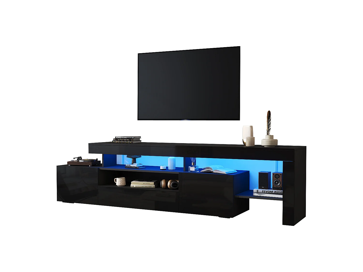 Meuble TV 192 x 37 x 53 cm - 3 portes abattantes - Avec LED - Rangement semi-ouvert - Finition brillante - Noir