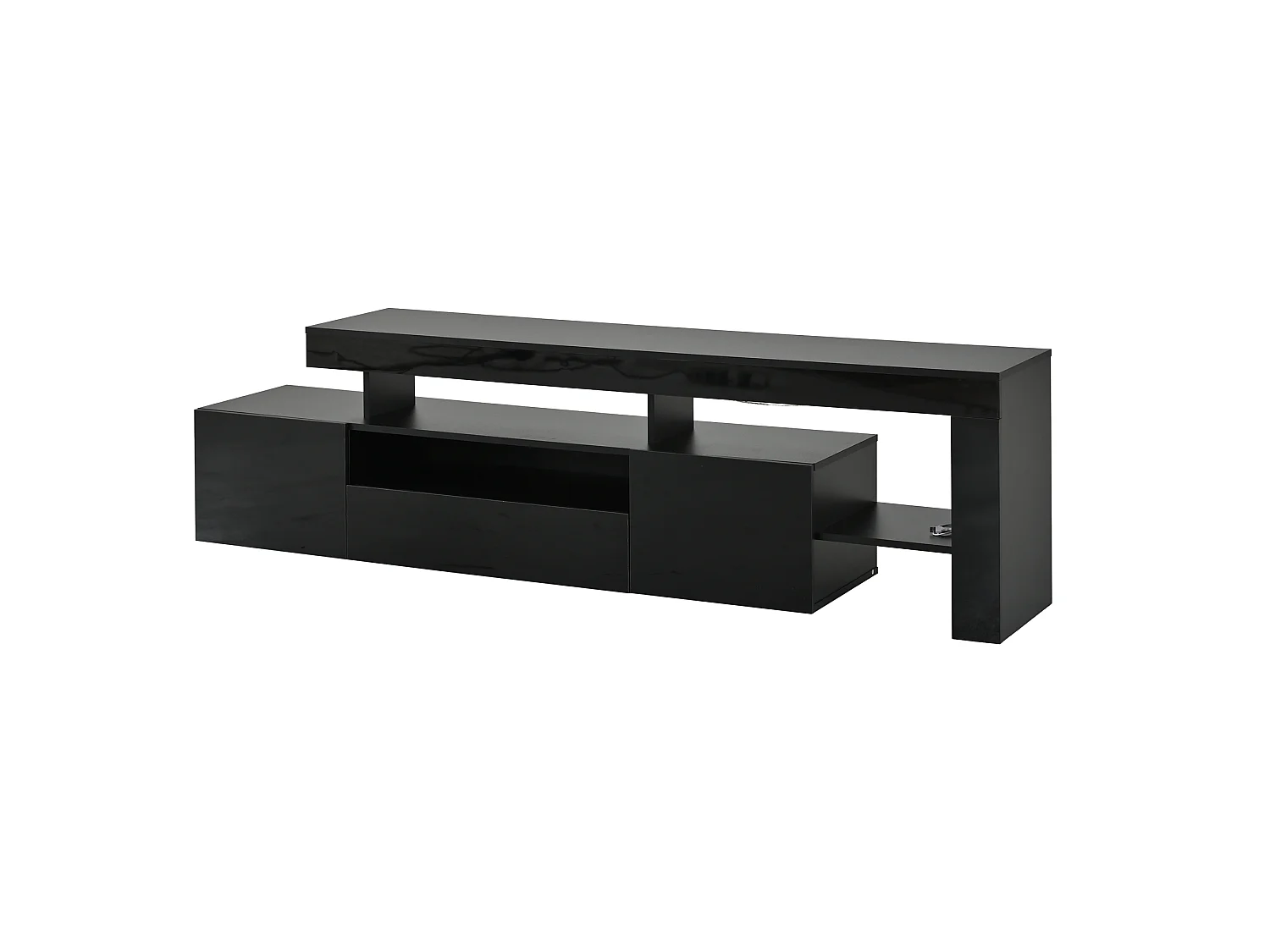 Meuble TV 192 x 37 x 53 cm - 3 portes abattantes - Avec LED - Rangement semi-ouvert - Finition brillante - Noir