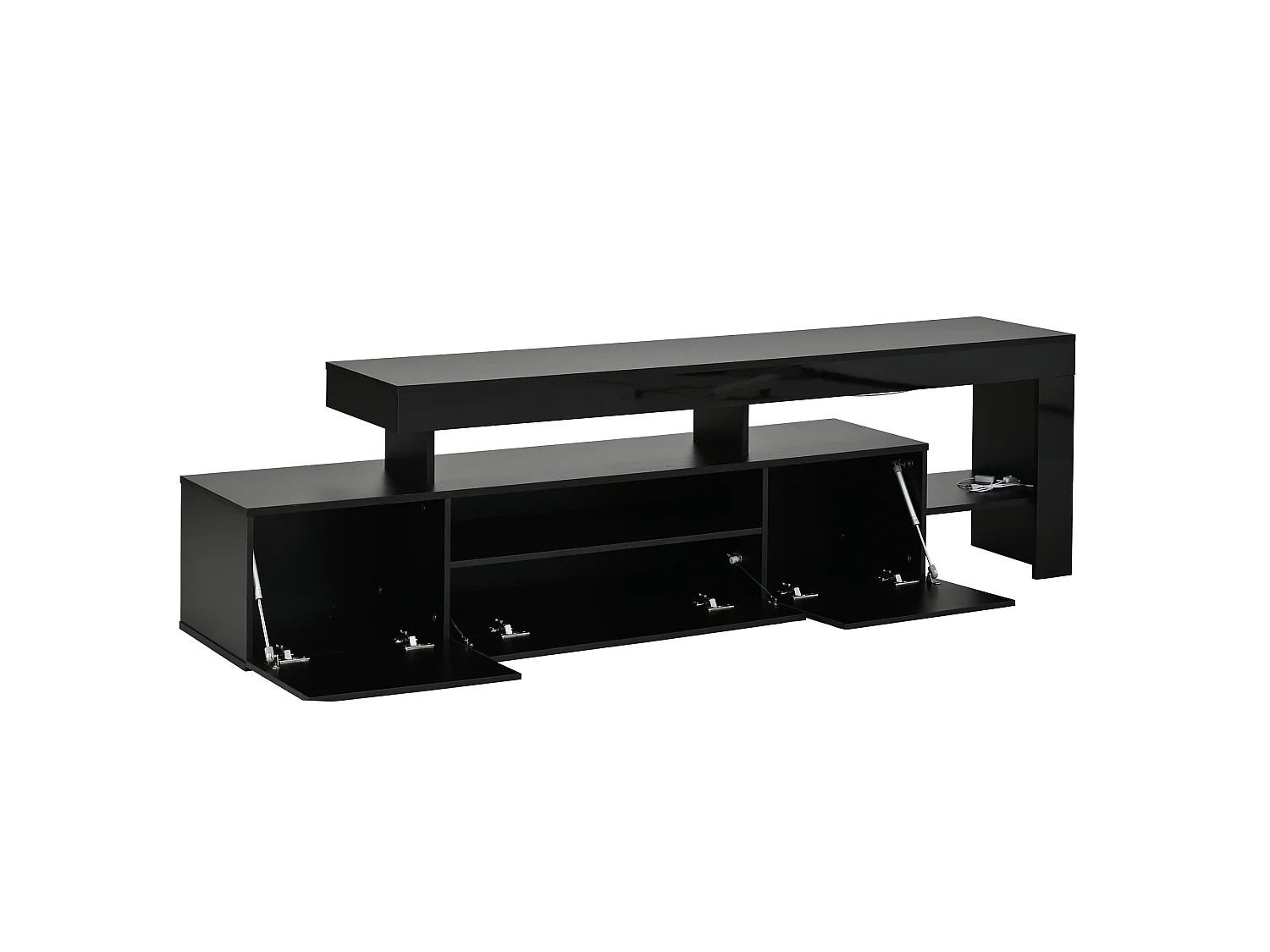 Meuble TV 192 x 37 x 53 cm - 3 portes abattantes - Avec LED - Rangement semi-ouvert - Finition brillante - Noir