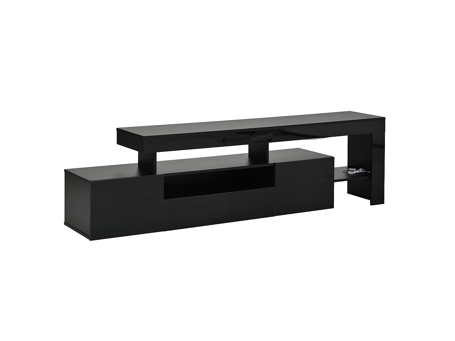 Meuble TV 192 x 37 x 53 cm - 3 portes abattantes - Avec LED - Rangement semi-ouvert - Finition brillante - Noir