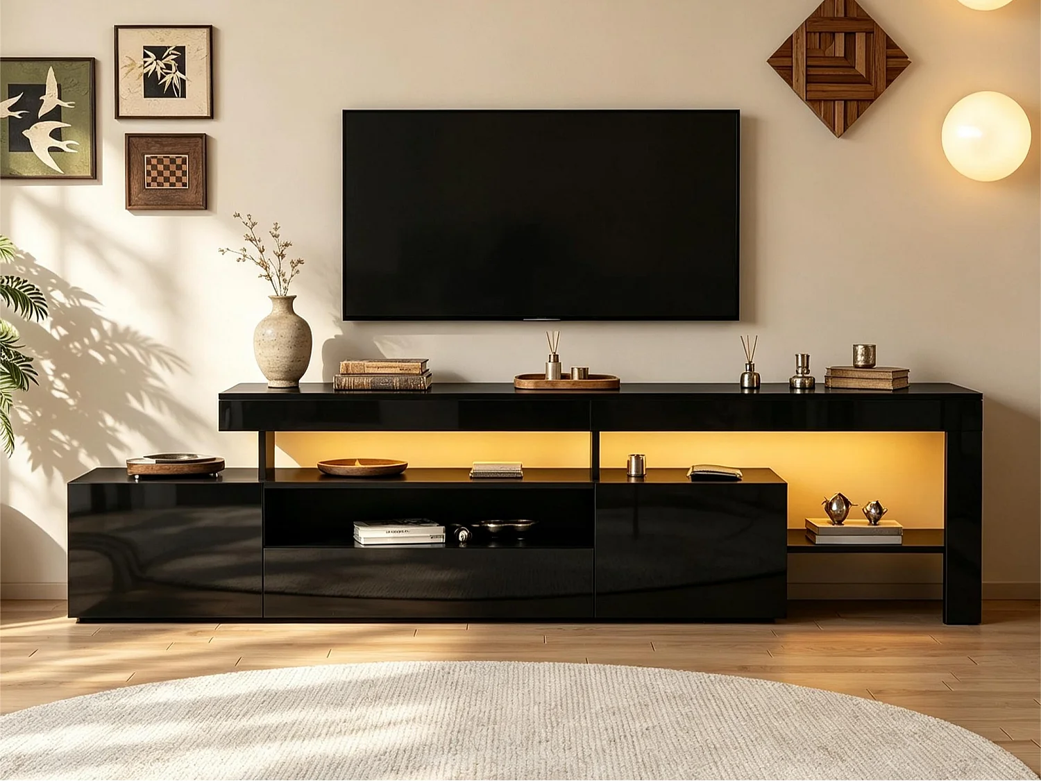 Meuble TV 192 x 37 x 53 cm - 3 portes abattantes - Avec LED - Rangement semi-ouvert - Finition brillante - Noir