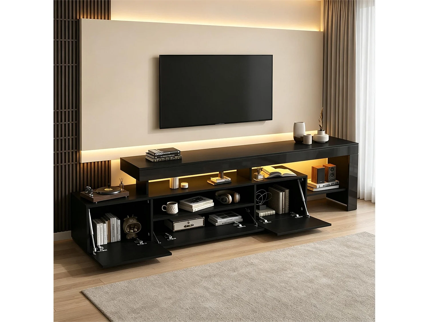 Meuble TV 192 x 37 x 53 cm - 3 portes abattantes - Avec LED - Rangement semi-ouvert - Finition brillante - Noir