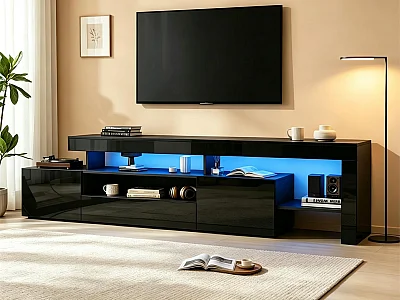 Meuble TV 192 x 37 x 53 cm - 3 portes abattantes - Avec LED - Rangement semi-ouvert - Finition brillante - Noir