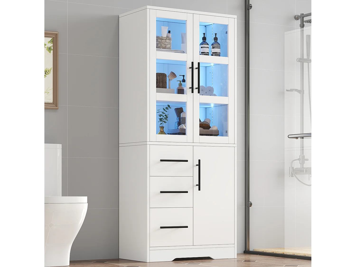 Meuble de salle de bain 72x35x170 cm - Armoire de rangement avec LED - Portes vitrées - 3 tiroirs et 3 portes - Blanc