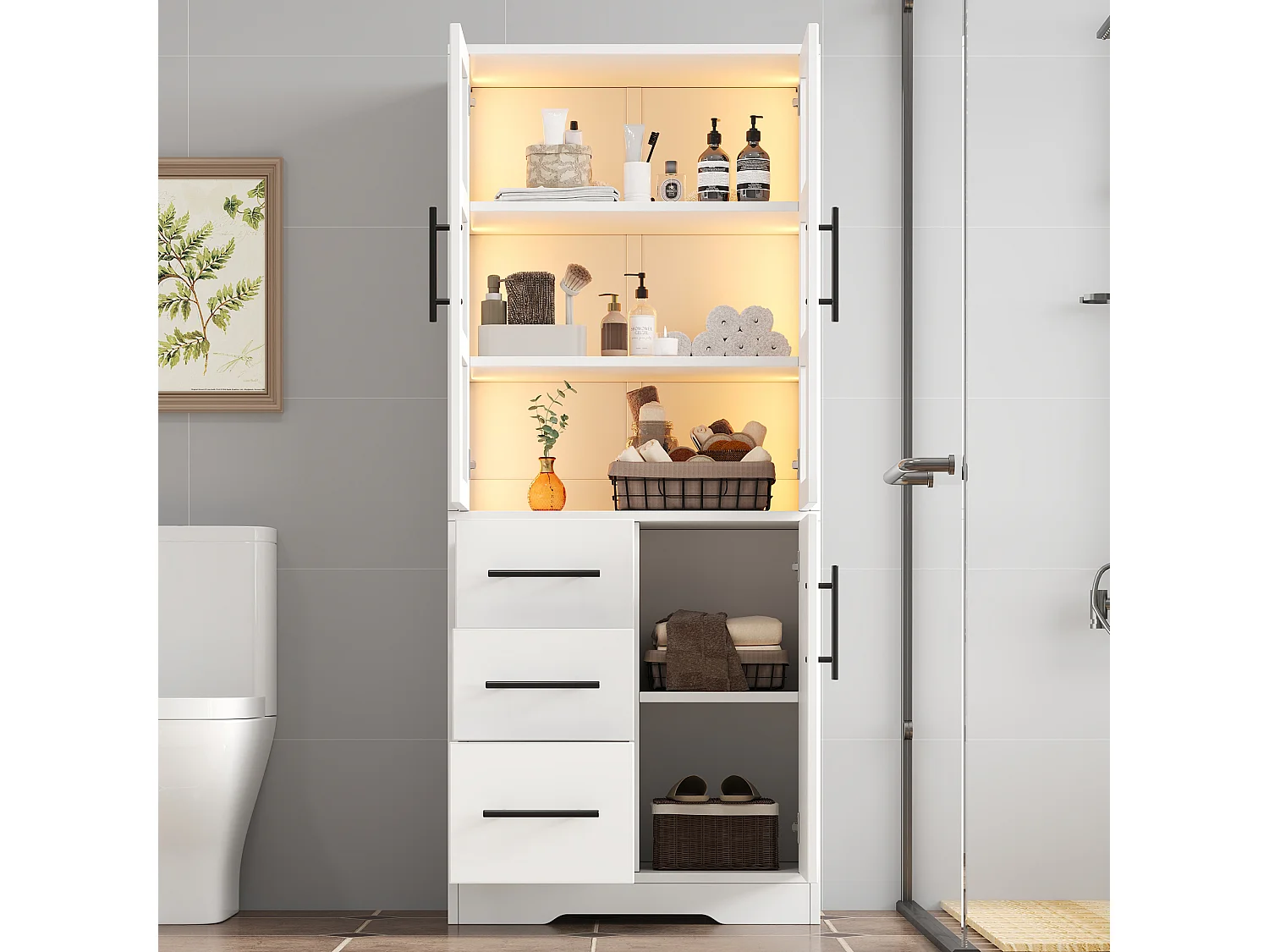 Meuble de salle de bain 72x35x170 cm - Armoire de rangement avec LED - Portes vitrées - 3 tiroirs et 3 portes - Blanc