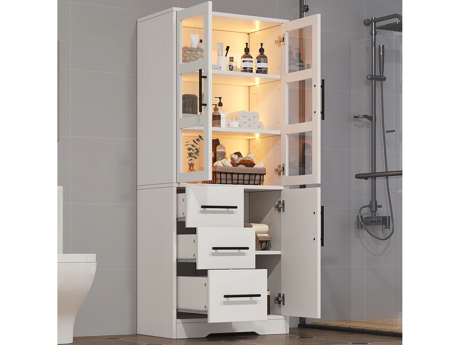 Meuble de salle de bain 72x35x170 cm - Armoire de rangement avec LED - Portes vitrées - 3 tiroirs et 3 portes - Blanc