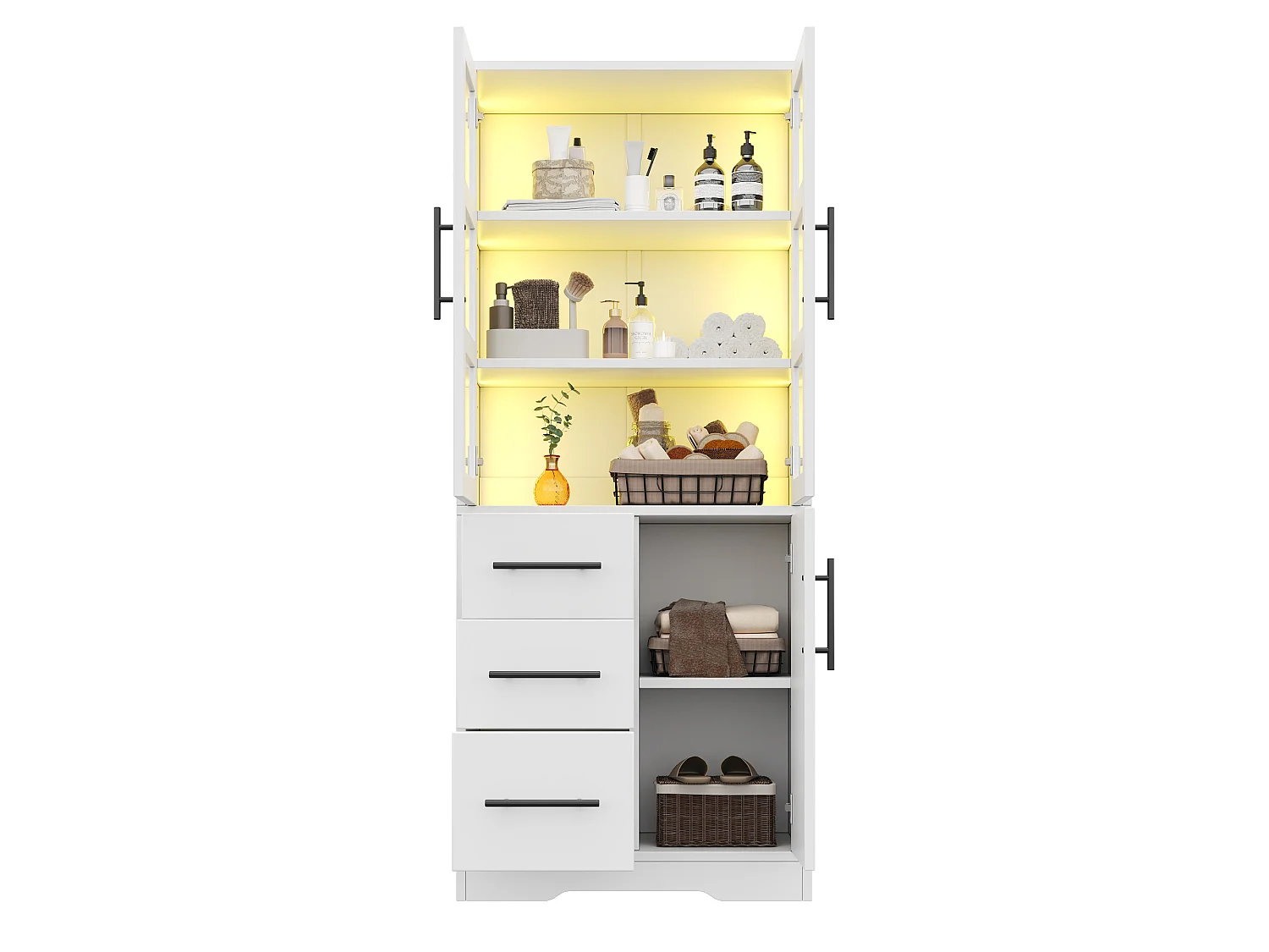 Meuble de salle de bain 72x35x170 cm - Armoire de rangement avec LED - Portes vitrées - 3 tiroirs et 3 portes - Blanc