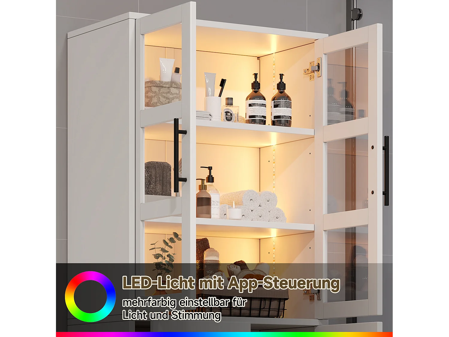 Meuble de salle de bain 72x35x170 cm - Armoire de rangement avec LED - Portes vitrées - 3 tiroirs et 3 portes - Blanc