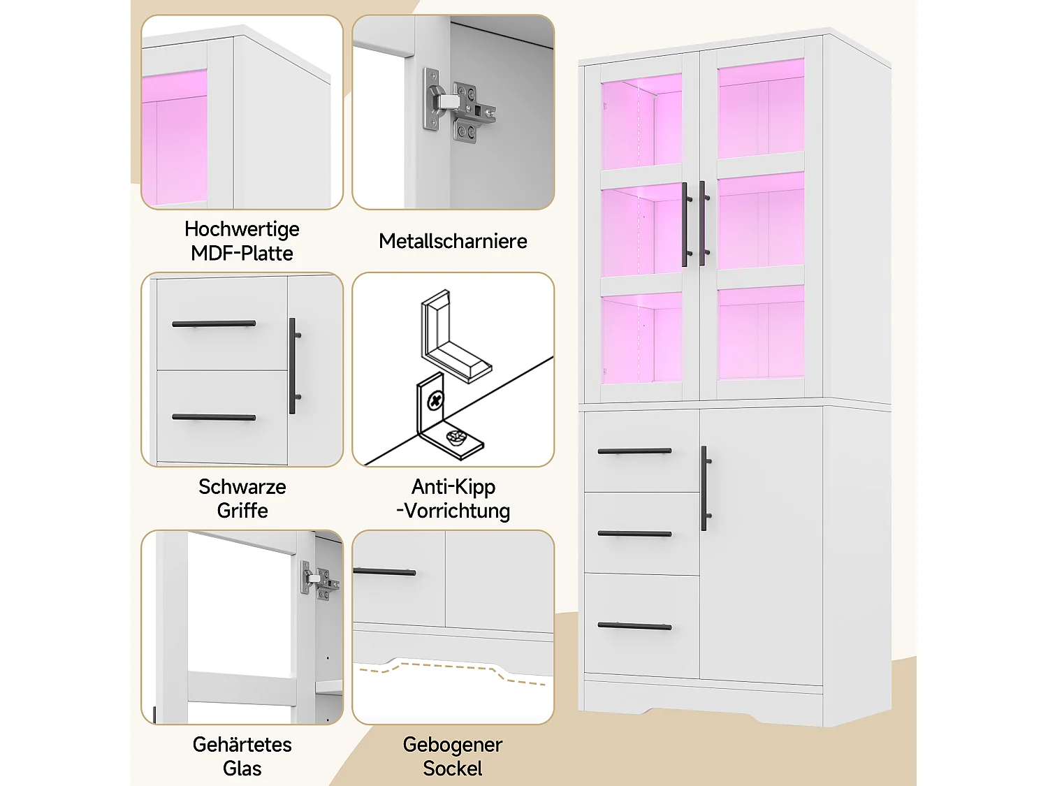 Meuble de salle de bain 72x35x170 cm - Armoire de rangement avec LED - Portes vitrées - 3 tiroirs et 3 portes - Blanc