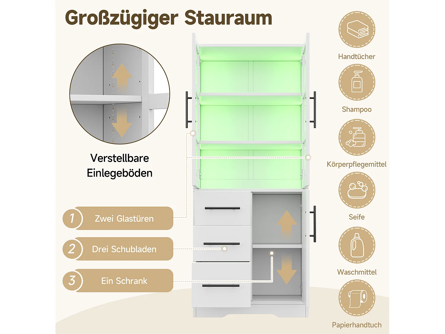 Meuble de salle de bain 72x35x170 cm - Armoire de rangement avec LED - Portes vitrées - 3 tiroirs et 3 portes - Blanc