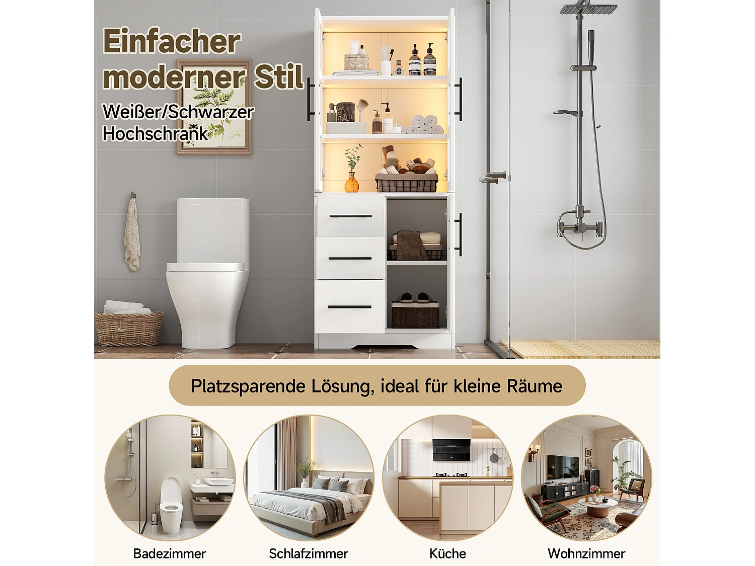 Meuble de salle de bain 72x35x170 cm - Armoire de rangement avec LED - Portes vitrées - 3 tiroirs et 3 portes - Blanc