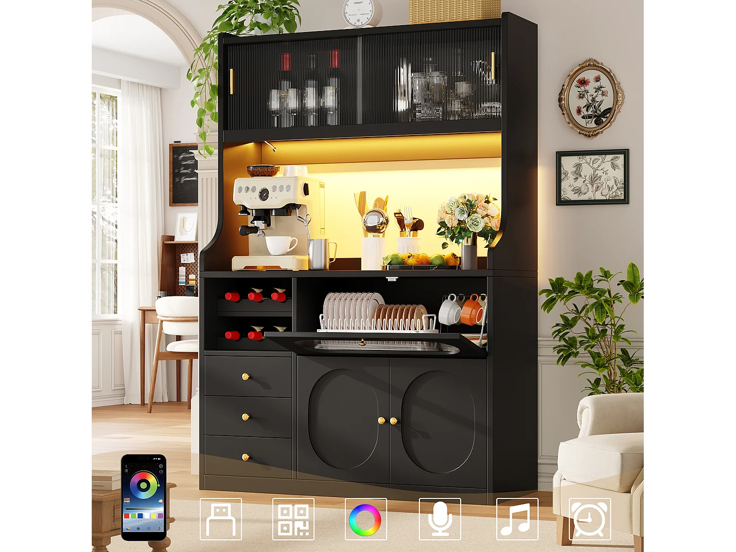 Buffet Hochschrank Küche 120cm - Vitrine mit LED-RGB-Beleuchtung verbunden, 3 verglaste Fächer, seitliche Schiebeablagen, Modernes Design - Schwarz