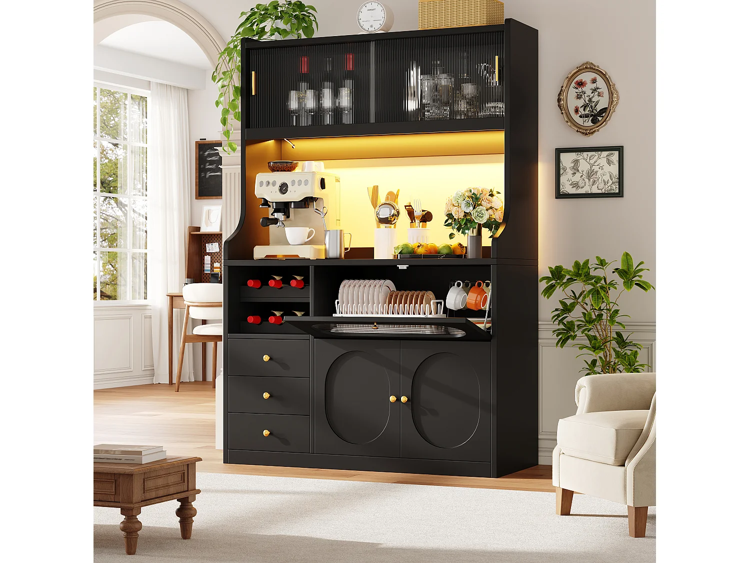Buffet Hochschrank Küche 120cm - Vitrine mit LED-RGB-Beleuchtung verbunden, 3 verglaste Fächer, seitliche Schiebeablagen, Modernes Design - Schwarz
