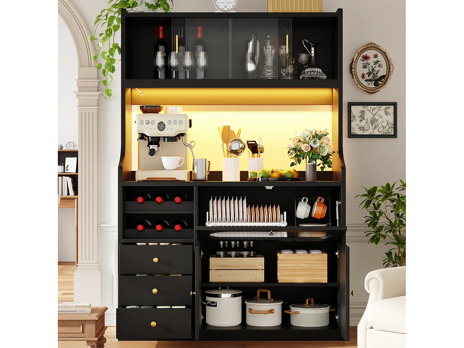 Buffet Hochschrank Küche 120cm - Vitrine mit LED-RGB-Beleuchtung verbunden, 3 verglaste Fächer, seitliche Schiebeablagen, Modernes Design - Schwarz