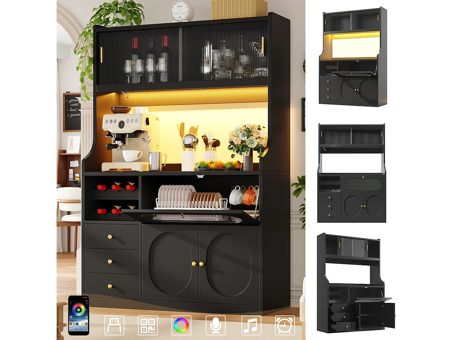 Buffet Hochschrank Küche 120cm - Vitrine mit LED-RGB-Beleuchtung verbunden, 3 verglaste Fächer, seitliche Schiebeablagen, Modernes Design - Schwarz