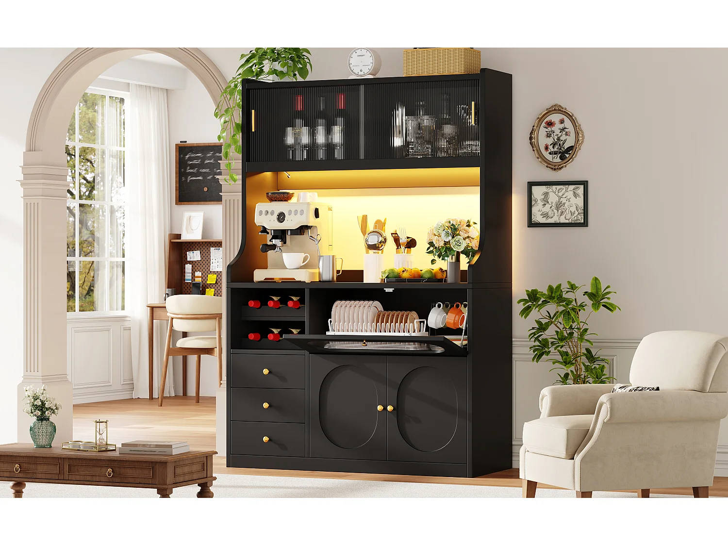 Buffet Hochschrank Küche 120cm - Vitrine mit LED-RGB-Beleuchtung verbunden, 3 verglaste Fächer, seitliche Schiebeablagen, Modernes Design - Schwarz