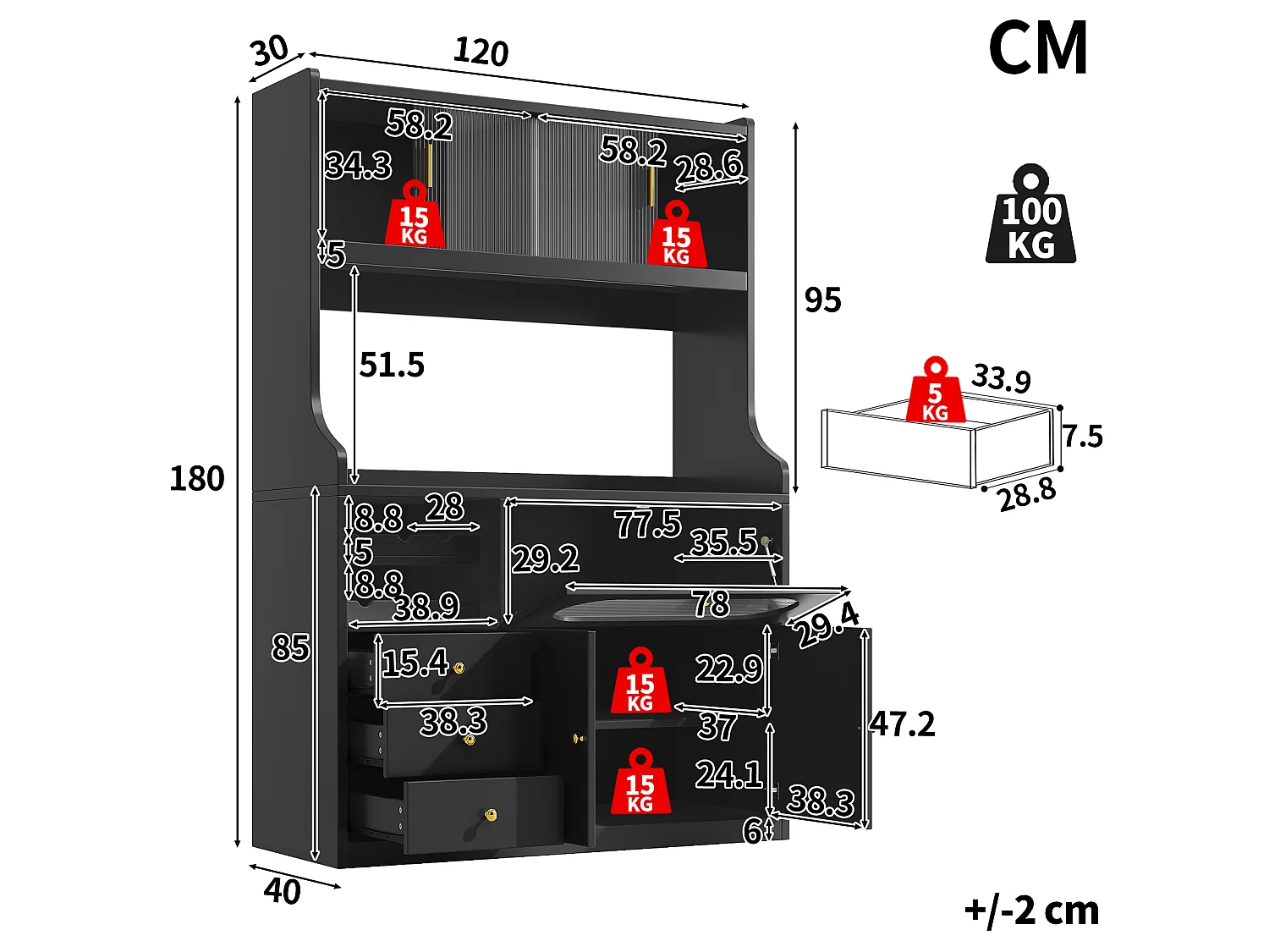 Buffet Hochschrank Küche 120cm - Vitrine mit LED-RGB-Beleuchtung verbunden, 3 verglaste Fächer, seitliche Schiebeablagen, Modernes Design - Schwarz
