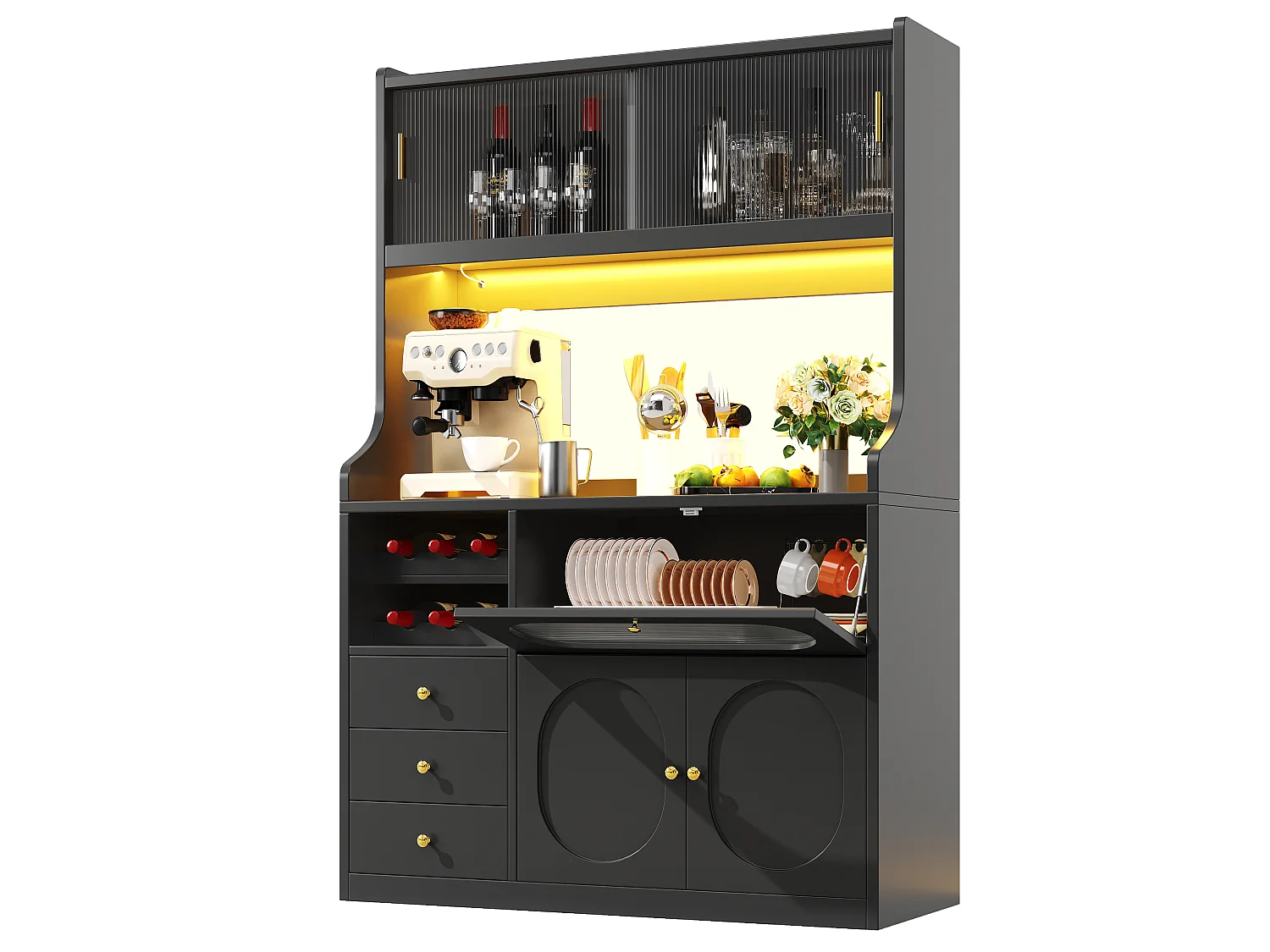 Buffet Hochschrank Küche 120cm - Vitrine mit LED-RGB-Beleuchtung verbunden, 3 verglaste Fächer, seitliche Schiebeablagen, Modernes Design - Schwarz