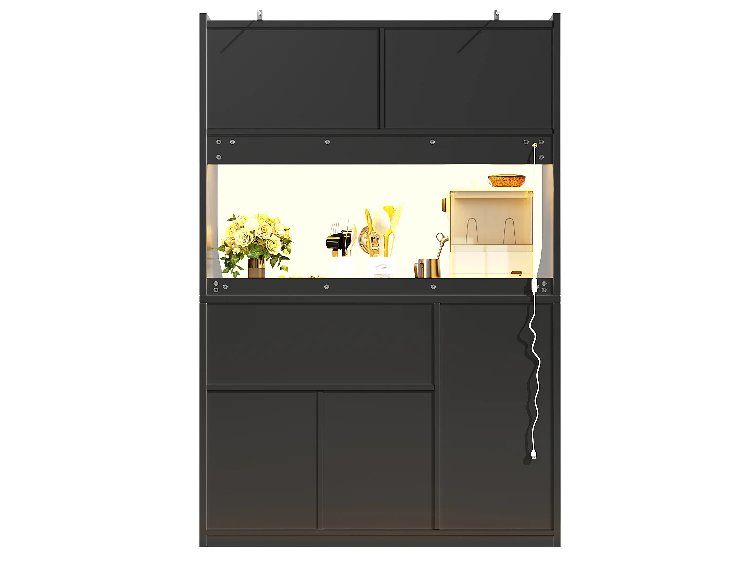 Buffet Hochschrank Küche 120cm - Vitrine mit LED-RGB-Beleuchtung verbunden, 3 verglaste Fächer, seitliche Schiebeablagen, Modernes Design - Schwarz