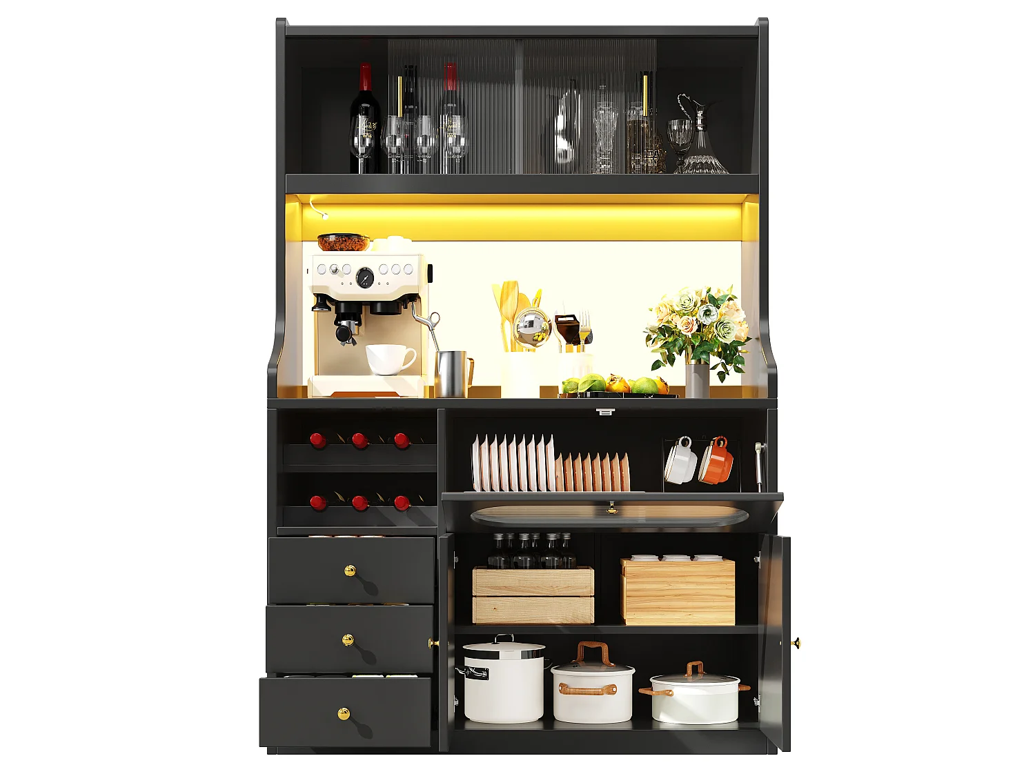 Buffet Hochschrank Küche 120cm - Vitrine mit LED-RGB-Beleuchtung verbunden, 3 verglaste Fächer, seitliche Schiebeablagen, Modernes Design - Schwarz