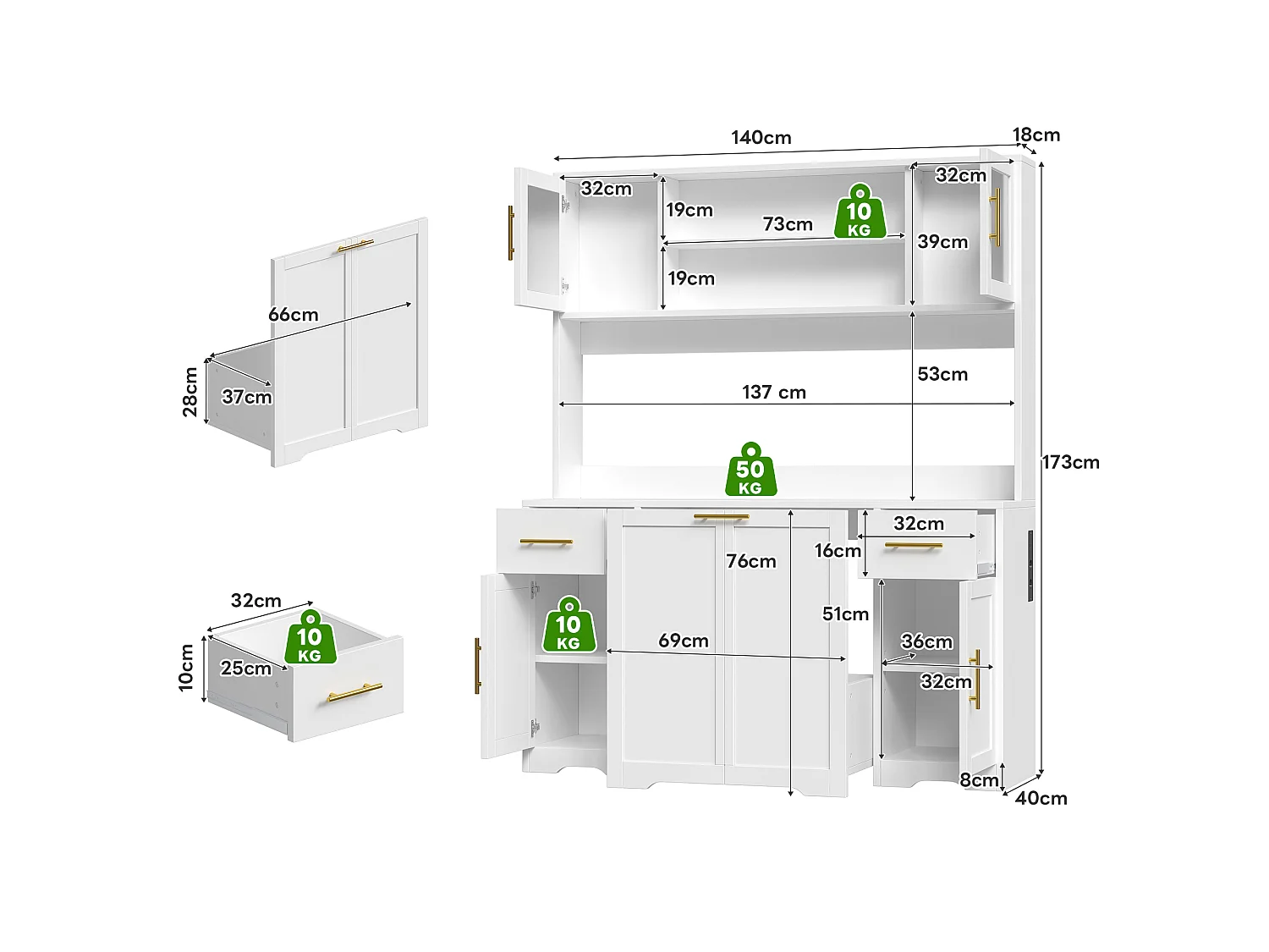 Bufet kuchenny 140x40x173cm - z 4 drzwiami i 3 szufladami - z oświetleniem LED - z gniazdkiem elektrycznym - Biały