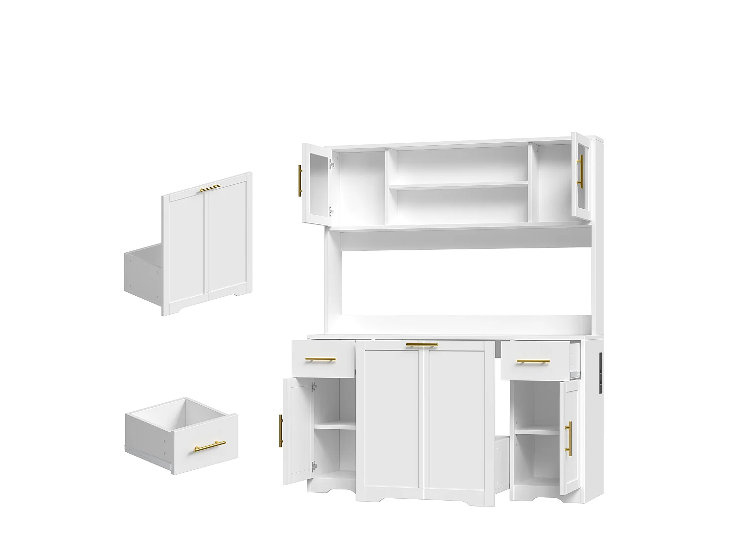 Bufet kuchenny 140x40x173cm - z 4 drzwiami i 3 szufladami - z oświetleniem LED - z gniazdkiem elektrycznym - Biały