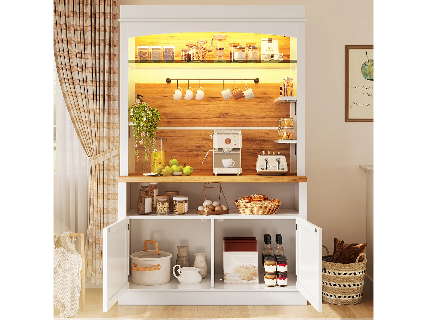 Buffet de cuisine 107x43x184 cm avec LED, crochets et 2 portes - Blanc