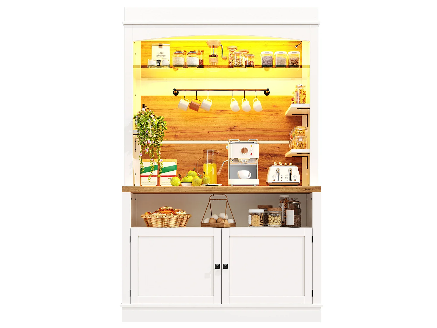 Buffet de cuisine 107x43x184 cm avec LED, crochets et 2 portes - Blanc