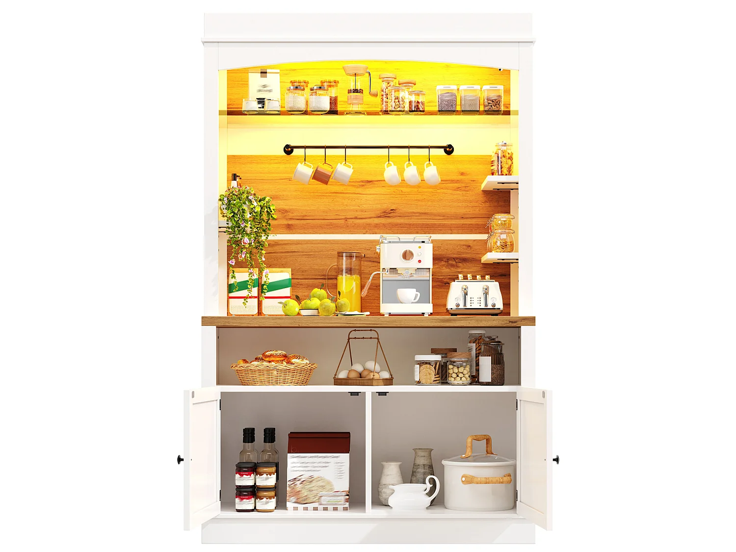Buffet de cuisine 107x43x184 cm avec LED, crochets et 2 portes - Blanc