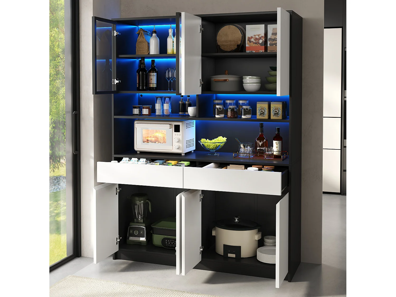 Grand Buffet Haut 120x38x160cm - Meuble de Rangement avec Vitrine, Éclairage LED RGB Intelligent (App), Tiroirs & Multiples Portes, Style Moderne - Noir et Blanc