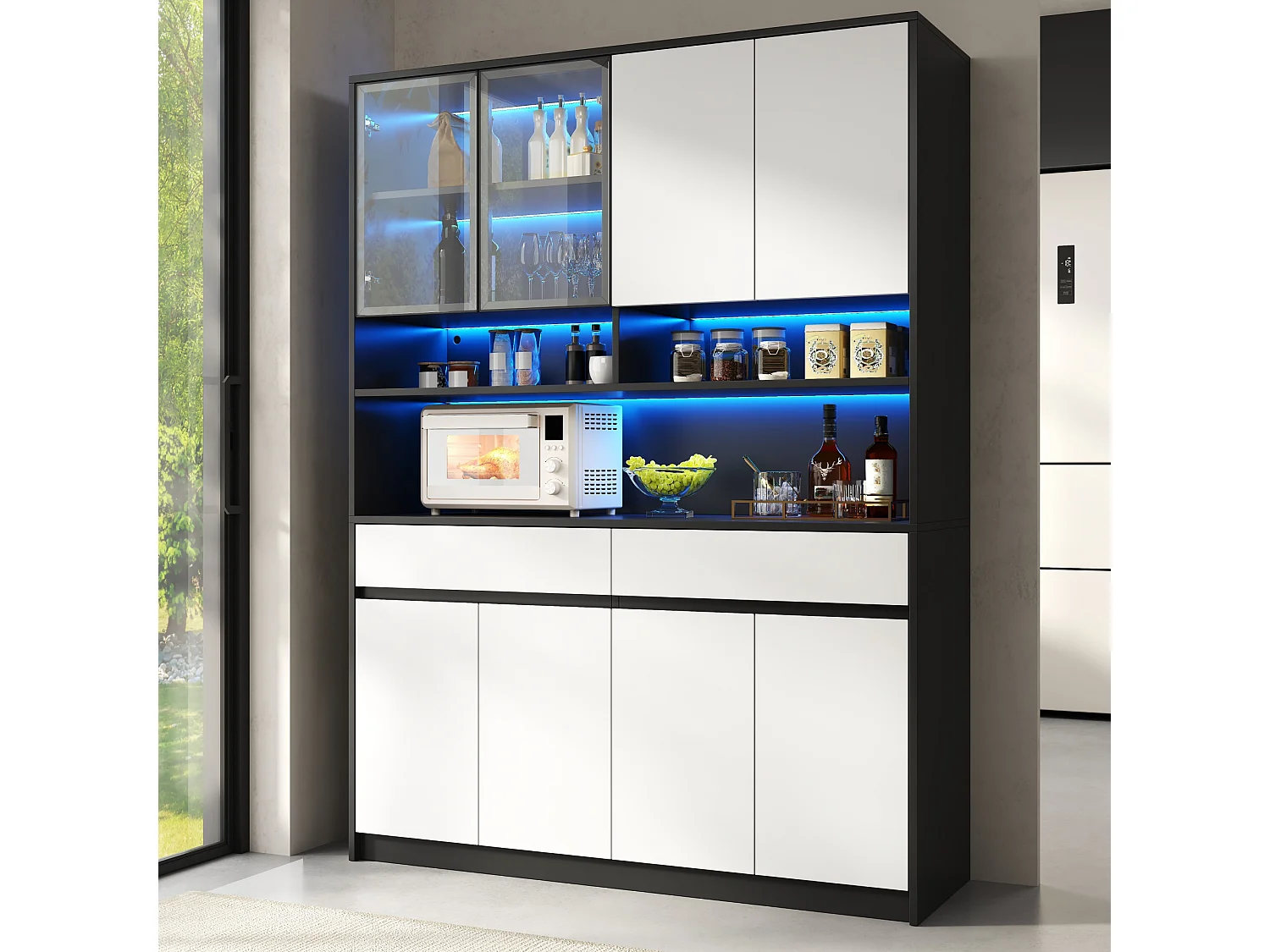 Grand Buffet Haut 120x38x160cm - Meuble de Rangement avec Vitrine, Éclairage LED RGB Intelligent (App), Tiroirs & Multiples Portes, Style Moderne - Noir et Blanc