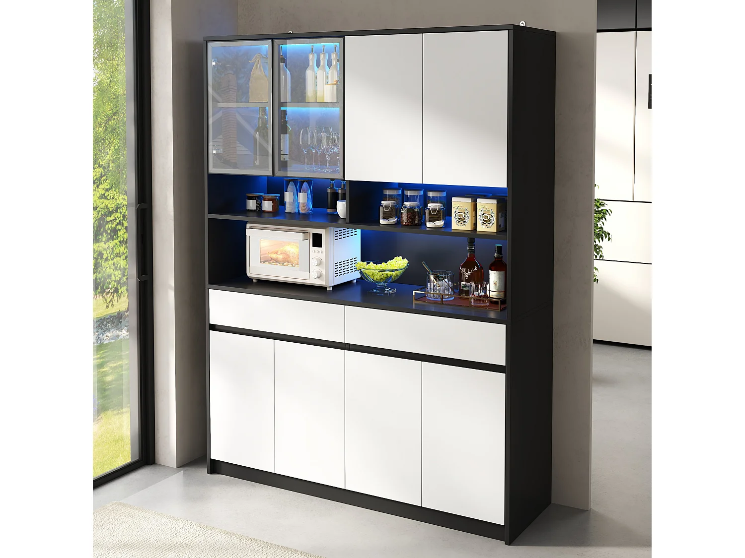 Grand Buffet Haut 120x38x160cm - Meuble de Rangement avec Vitrine, Éclairage LED RGB Intelligent (App), Tiroirs & Multiples Portes, Style Moderne - Noir et Blanc