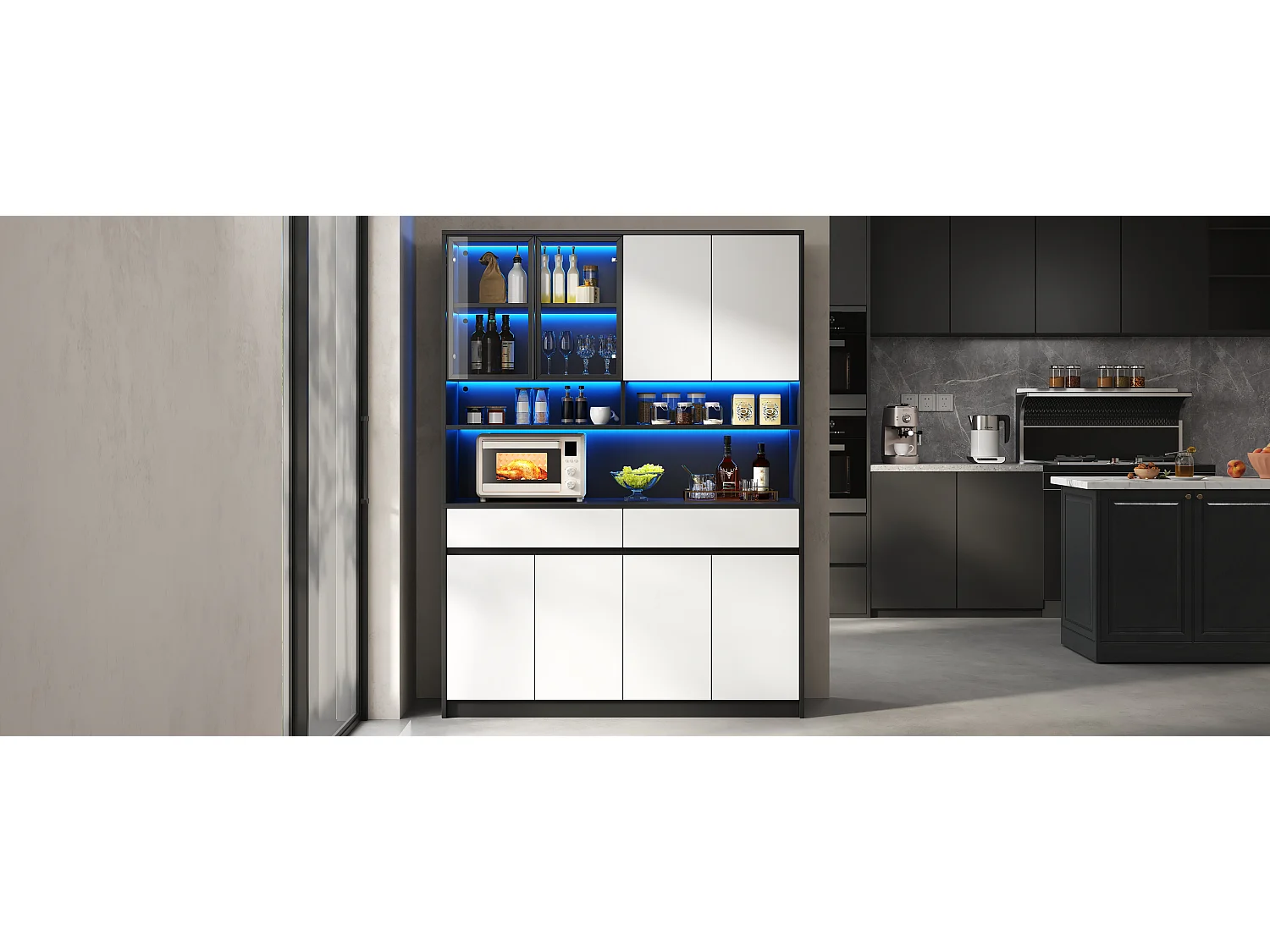 Grand Buffet Haut 120x38x160cm - Meuble de Rangement avec Vitrine, Éclairage LED RGB Intelligent (App), Tiroirs & Multiples Portes, Style Moderne - Noir et Blanc