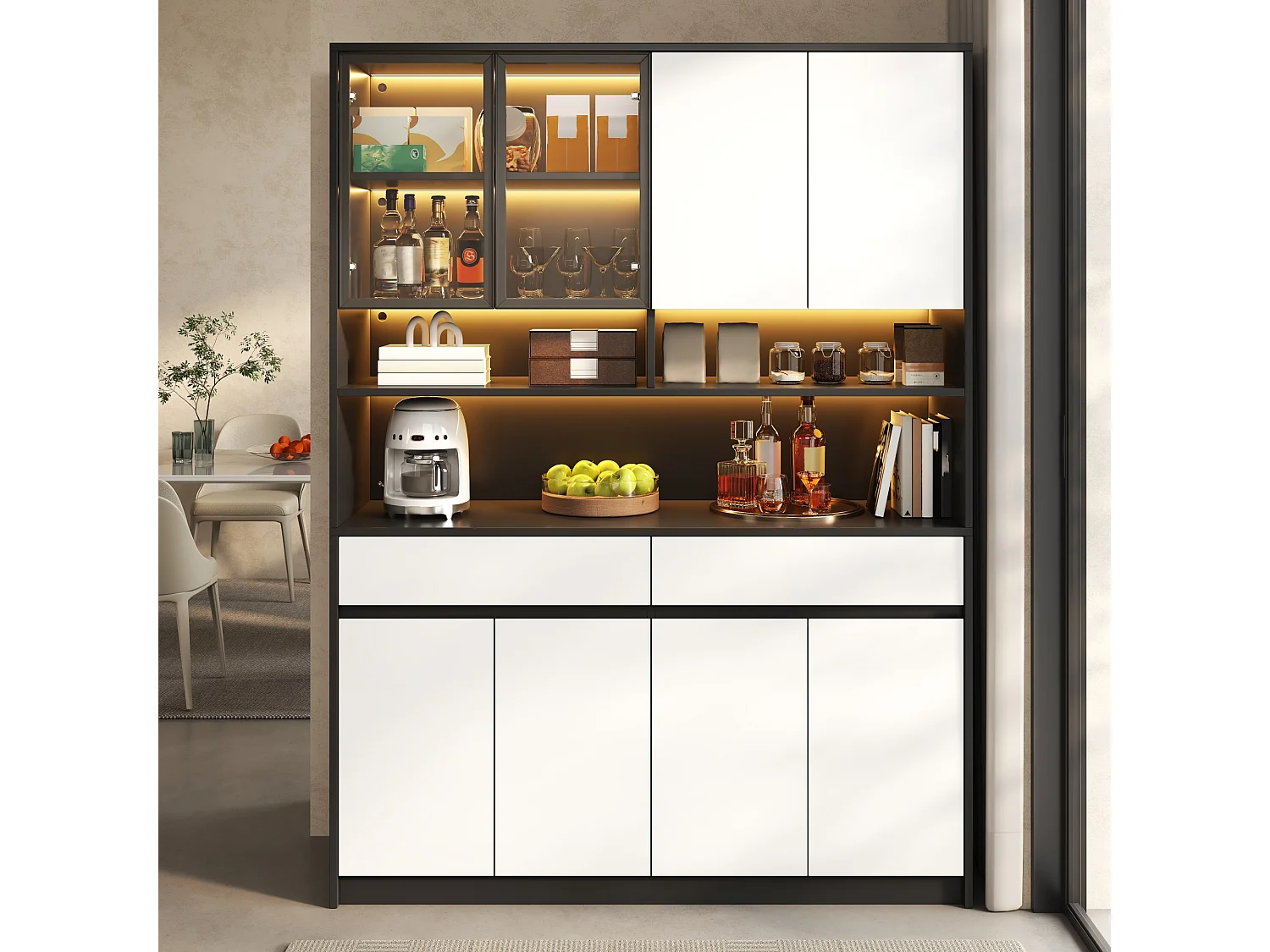 Grand Buffet Haut 120x38x160cm - Meuble de Rangement avec Vitrine, Éclairage LED RGB Intelligent (App), Tiroirs & Multiples Portes, Style Moderne - Noir et Blanc