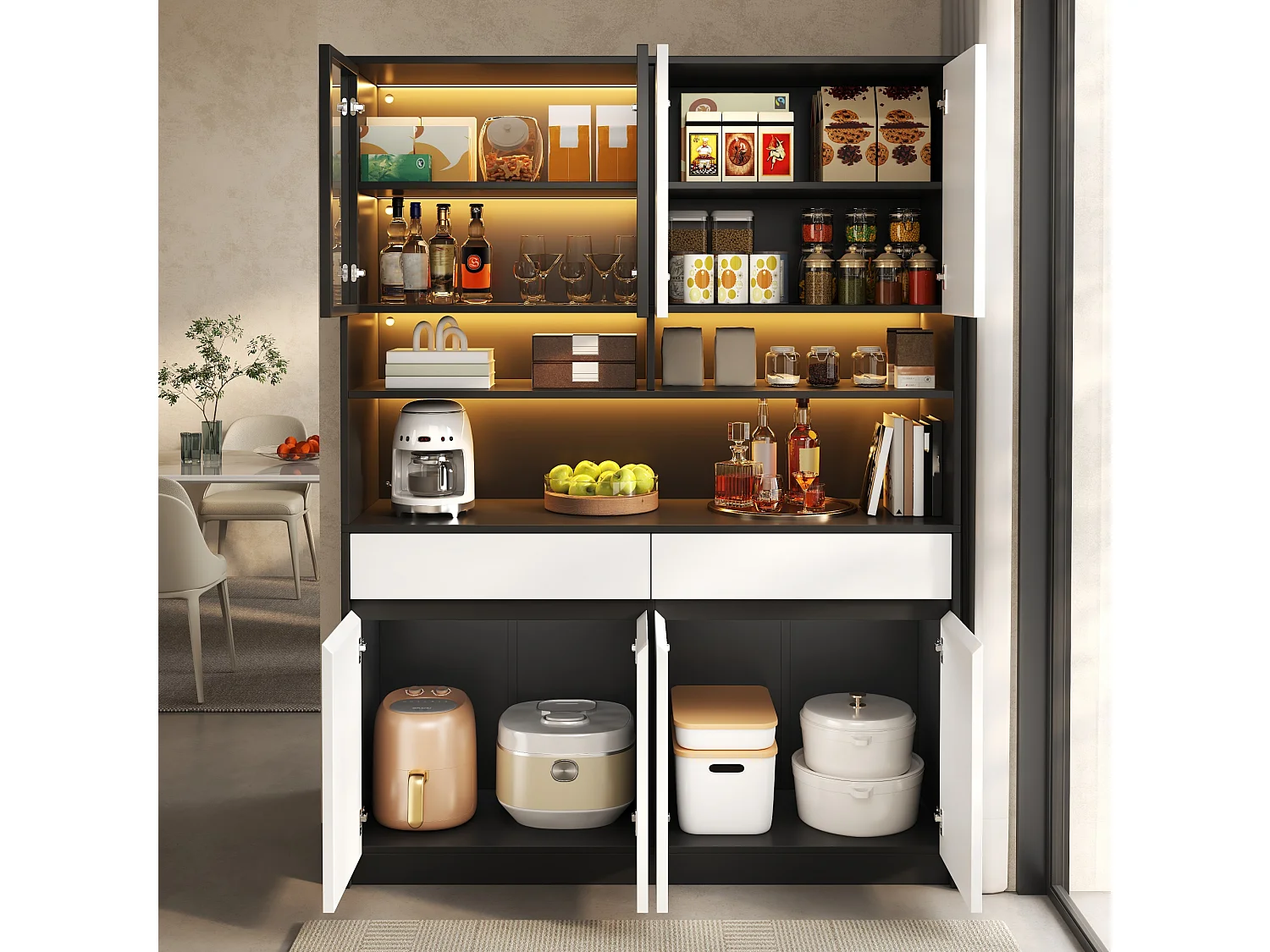 Grand Buffet Haut 120x38x160cm - Meuble de Rangement avec Vitrine, Éclairage LED RGB Intelligent (App), Tiroirs & Multiples Portes, Style Moderne - Noir et Blanc