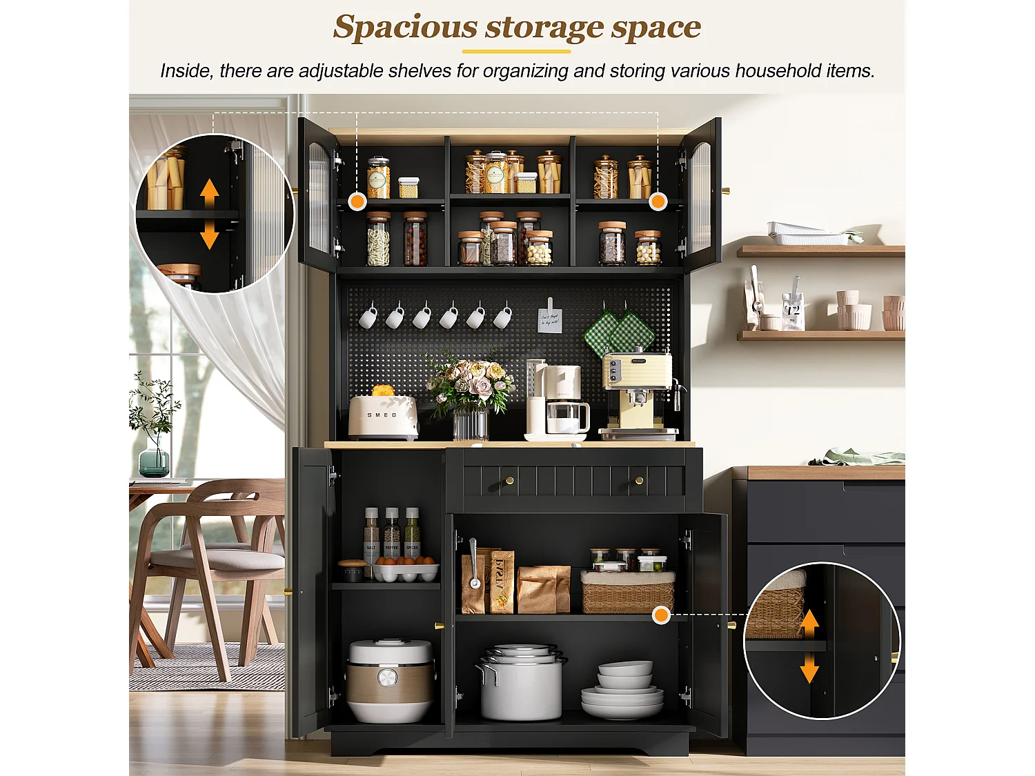 Buffet de cuisine 103.5x40x180cm - avec 5 portes + 1 tiroir - Plaque métallique perforée - buffet haute - Noir