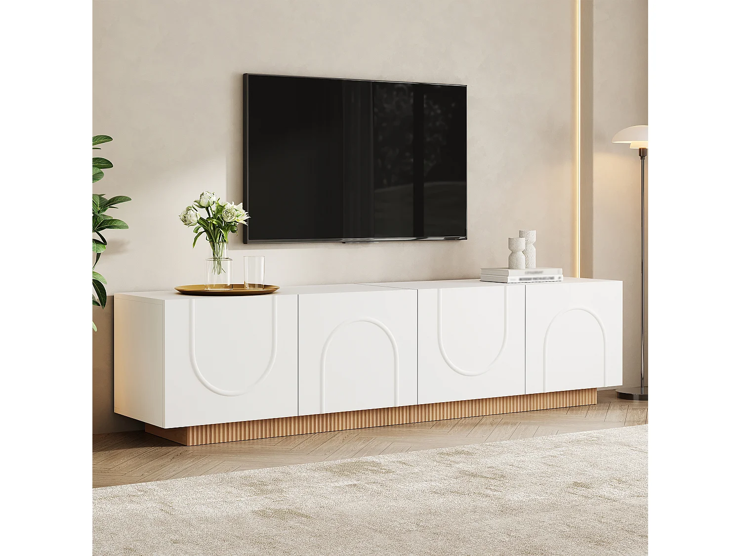 Möbel TV 170cm - Bänk TV Design med Fasader med Motiv Bågar och Sockel Ribbad, 4 Dörrar, Stil Modern - Vit