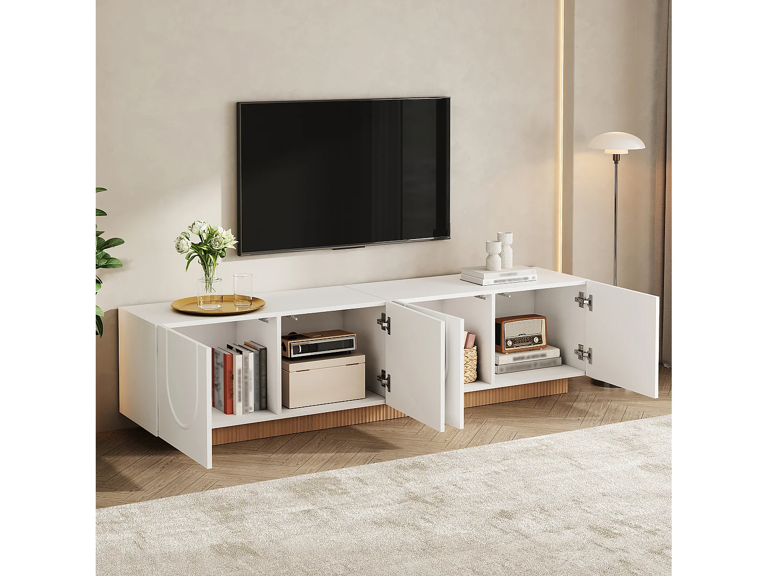 Möbel TV 170cm - Bänk TV Design med Fasader med Motiv Bågar och Sockel Ribbad, 4 Dörrar, Stil Modern - Vit