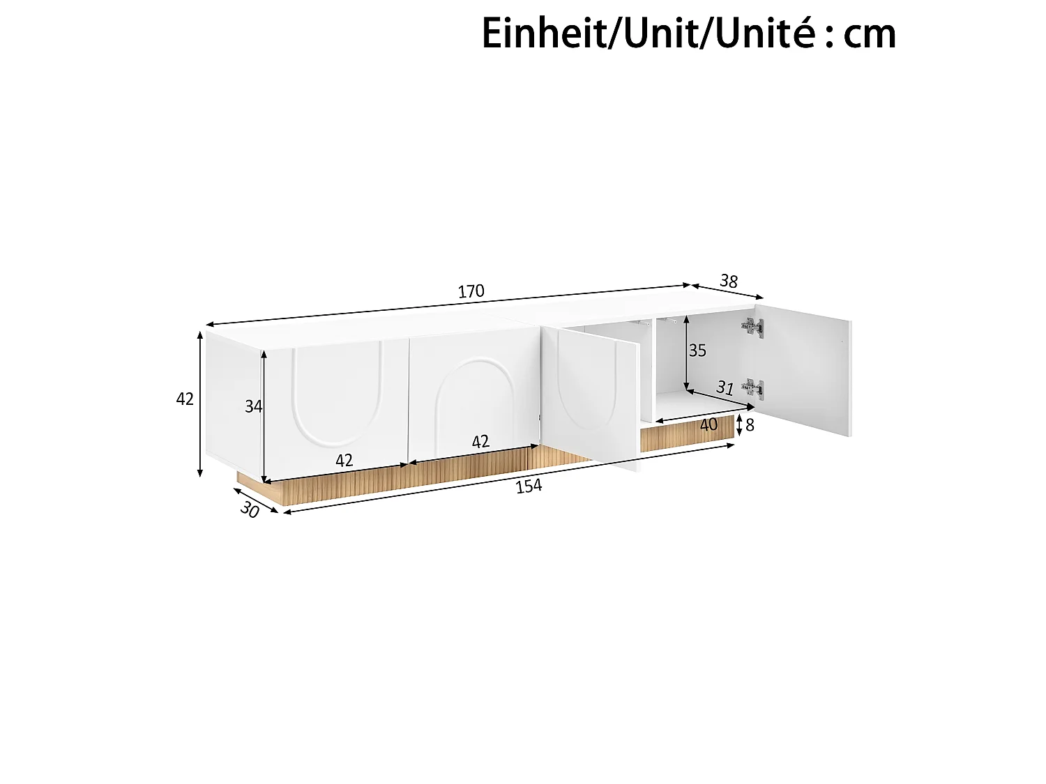 Möbel TV 170cm - Bänk TV Design med Fasader med Motiv Bågar och Sockel Ribbad, 4 Dörrar, Stil Modern - Vit