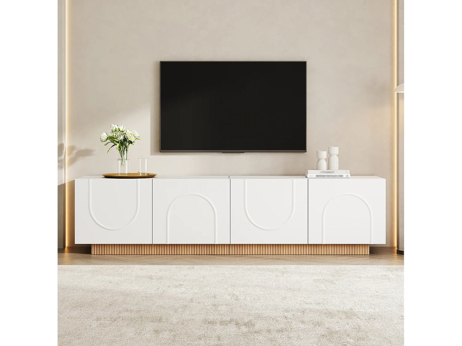 Möbel TV 170cm - Bänk TV Design med Fasader med Motiv Bågar och Sockel Ribbad, 4 Dörrar, Stil Modern - Vit