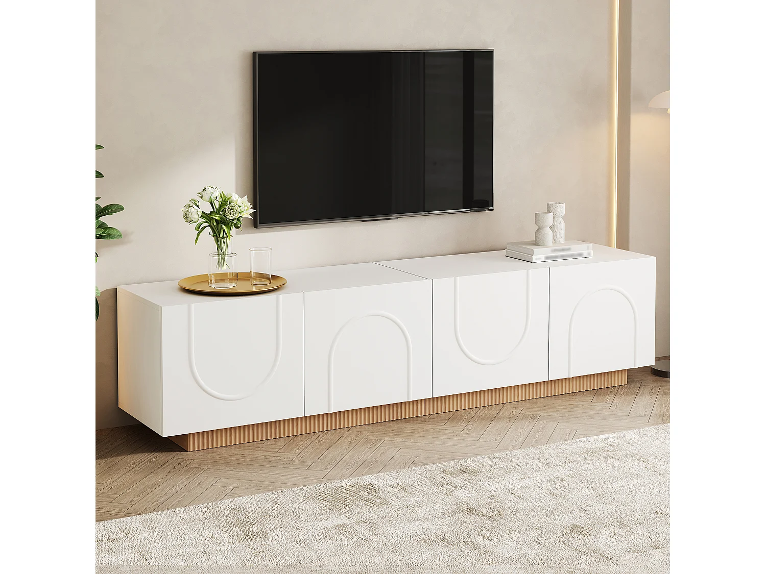 Möbel TV 170cm - Bänk TV Design med Fasader med Motiv Bågar och Sockel Ribbad, 4 Dörrar, Stil Modern - Vit