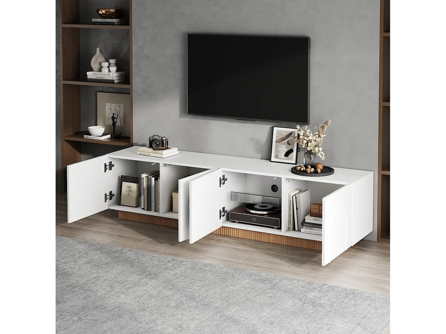 Möbel TV 170cm - Bänk TV Design med Fasader med Motiv Bågar och Sockel Ribbad, 4 Dörrar, Stil Modern - Vit