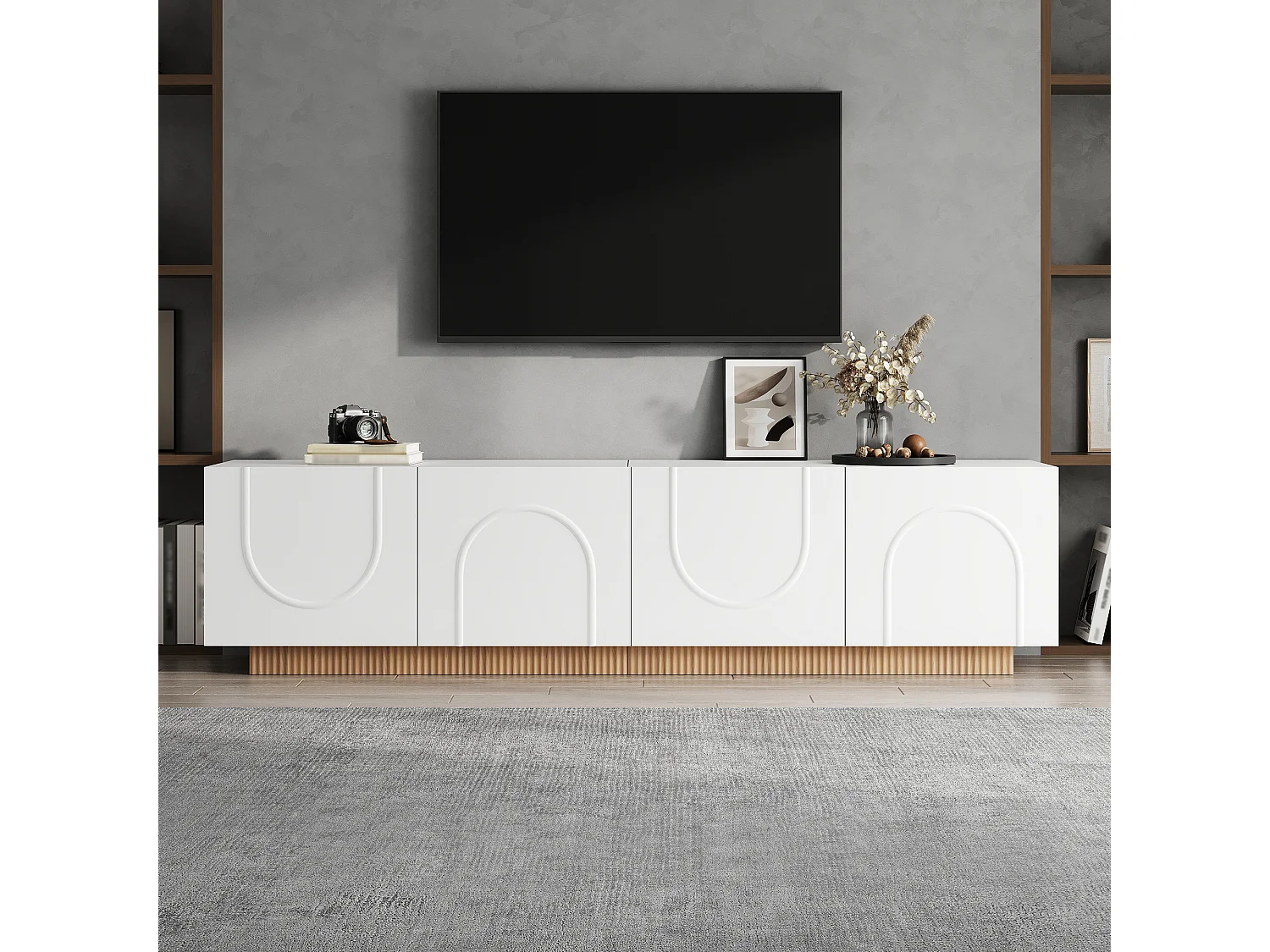 Möbel TV 170cm - Bänk TV Design med Fasader med Motiv Bågar och Sockel Ribbad, 4 Dörrar, Stil Modern - Vit