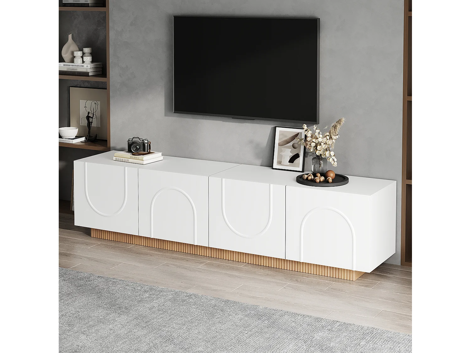 Möbel TV 170cm - Bänk TV Design med Fasader med Motiv Bågar och Sockel Ribbad, 4 Dörrar, Stil Modern - Vit
