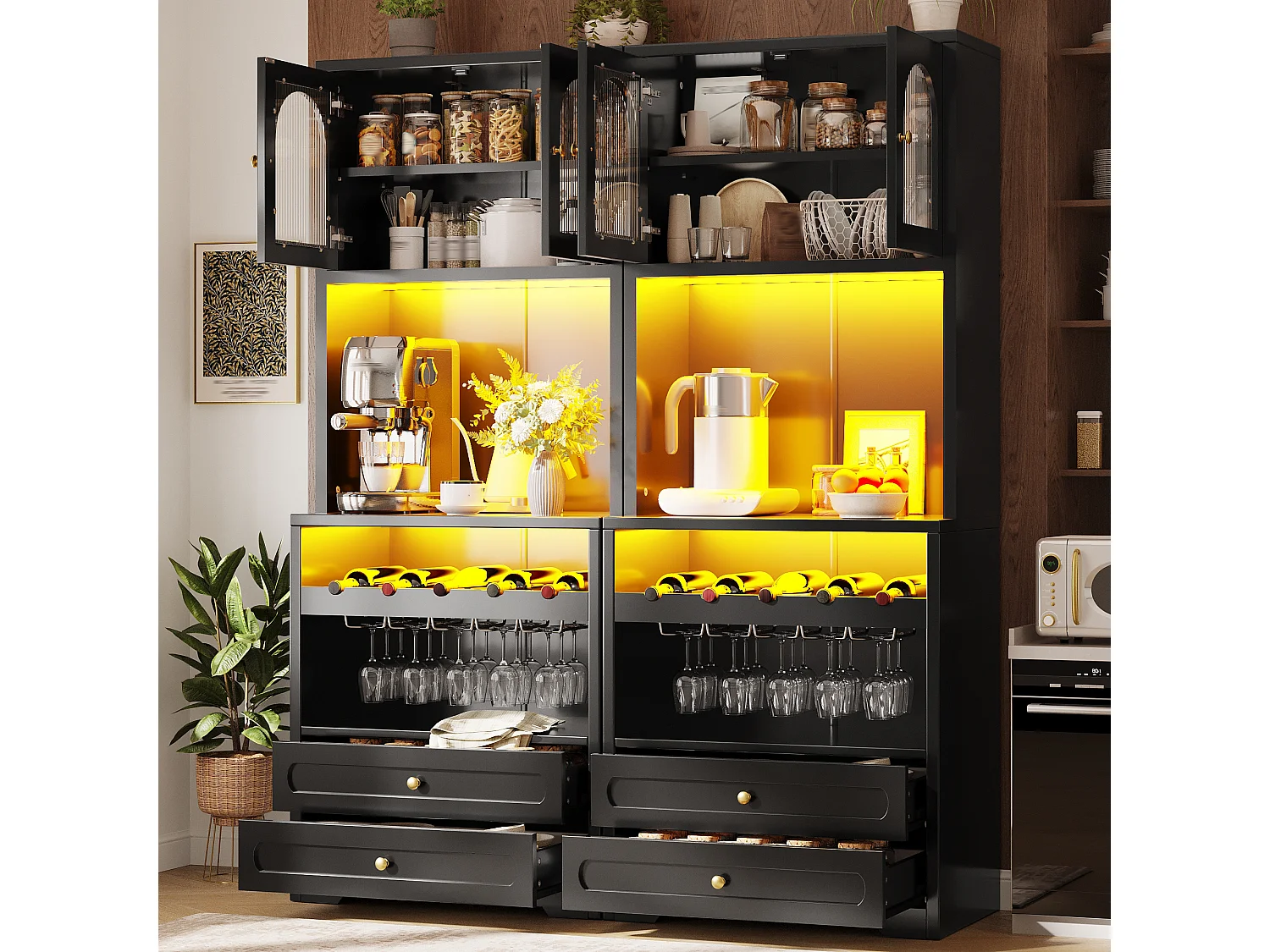Lot de 2 Armoires Hautes 180cm - Buffets avec Portes Arquées, Éclairage LED RGB Connecté, Rangement Vin, Sécurité Anti-Basculement - Noir
